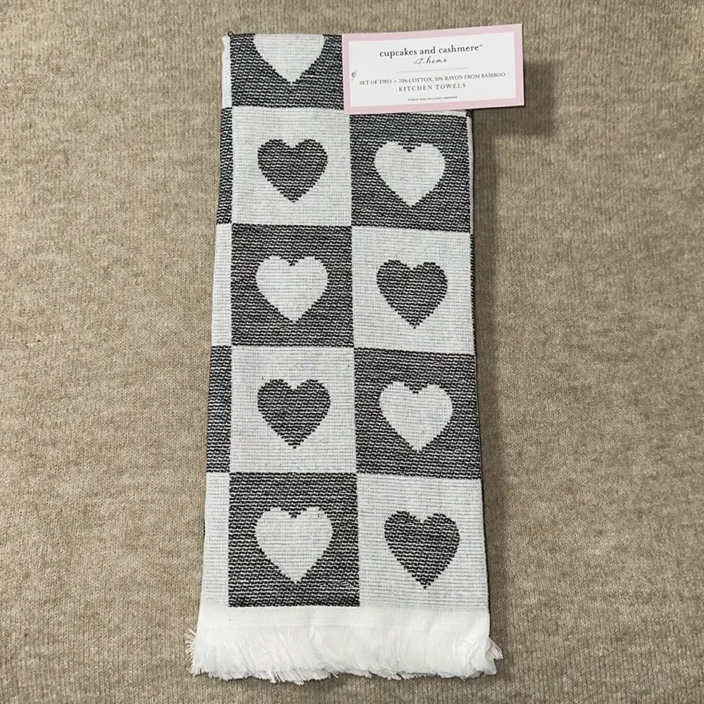 cupcakes and cashmere White Black Checkered Heart Grid Cotton Blend Tea Towels